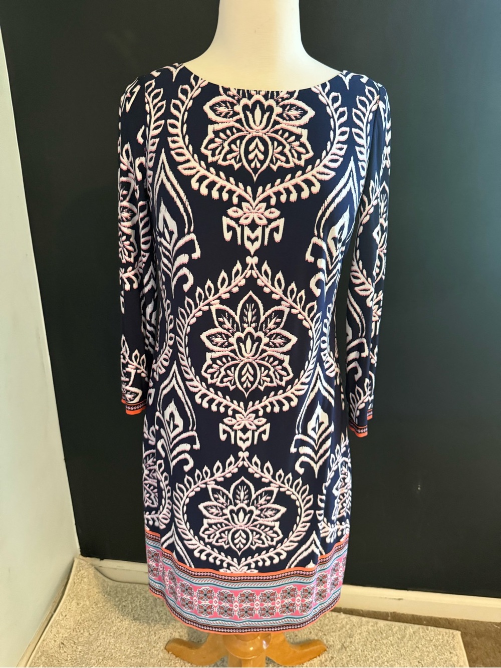 Vince Camuto Navy and Light Pink Printed Long-Sleeve Shift Dress